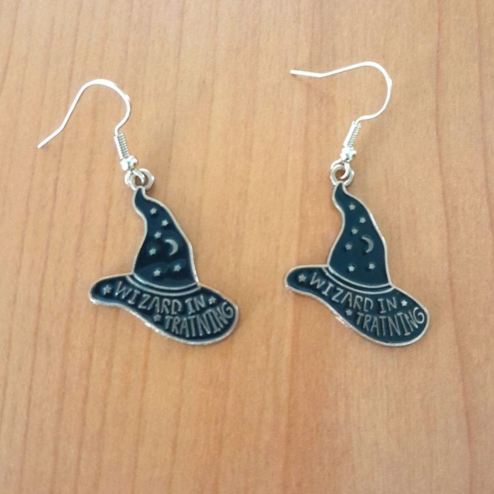 Gold Plated Black Enamel "Wizard in Training" Hat Charm Earrings